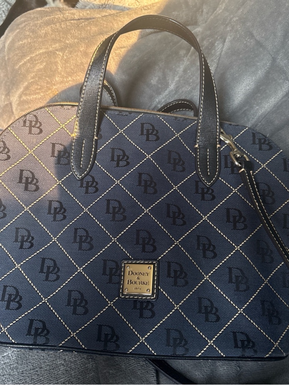 Dooney & Bourke Navy and Cream Monogram Satchel with Gold Plaque
